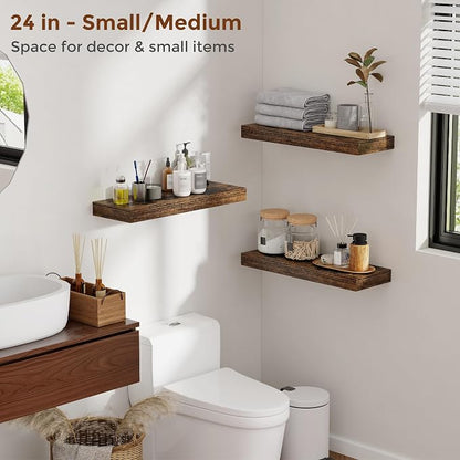 Heimlove 40 Inch Floating Shelves for Wall 8 Inch Deep Rustic Brown Shelves Set of 2,Wall Mounted Rustic Wood Long Floating Shelf with Invisible Brackets for Bedroom Kitchen Living Room
