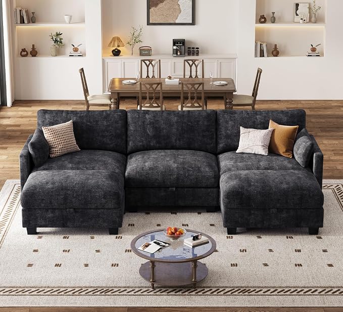 Sectional Couches for Living Room, U Shaped Modular Sectional Sofa, Cloud Couch with Storage Ottoman, Comfy Chenille Sofa with Pillow, Black