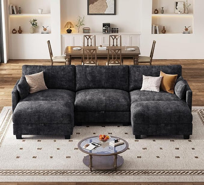 Sectional Couches for Living Room, U Shaped Modular Sectional Sofa, Cloud Couch with Storage Ottoman, Comfy Chenille Sofa with Pillow, Black