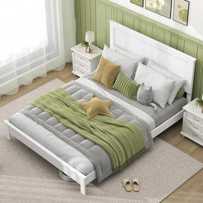Giantex Wood Queen Platform Bed Frame with Headboard, Mid Century Bed Frame with Solid Wood Legs & Wooden Slat Support, No Box Spring Needed, White Bed