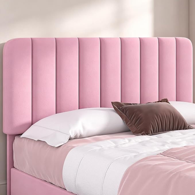 VECELO Full Size Upholstered Bed Frame with 4 Drawers and Headboard, Velvet Platform Storage Bedframe, Wooden Slats Support, No Box Spring Needed,Pink