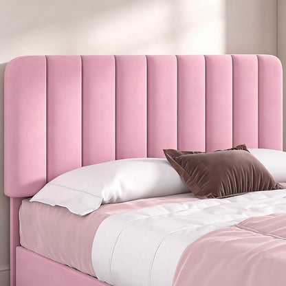 VECELO Full Size Upholstered Bed Frame with 4 Drawers and Headboard, Velvet Platform Storage Bedframe, Wooden Slats Support, No Box Spring Needed,Pink