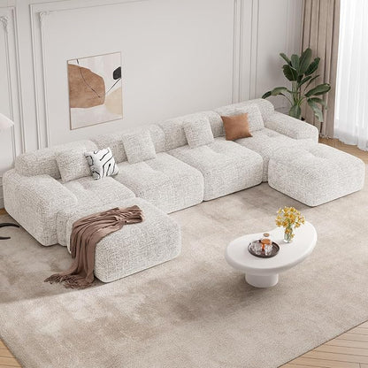 158" U Shaped Boneless Couches for Living Room, 6 Seater Modern Chenille Cloud Couch, Convertible Modular Sectional Sofa Set, No Assembly Required, Beige 1 PCS