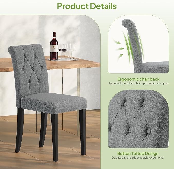 Welzona Upholstered Dining Chairs Set of 2, Button Tufted Parsons Dining Chair with Solid Wood Legs, Modern Fabric Side Chair for Dining Room/Kitchen/Restaurant/Hotel- Grey