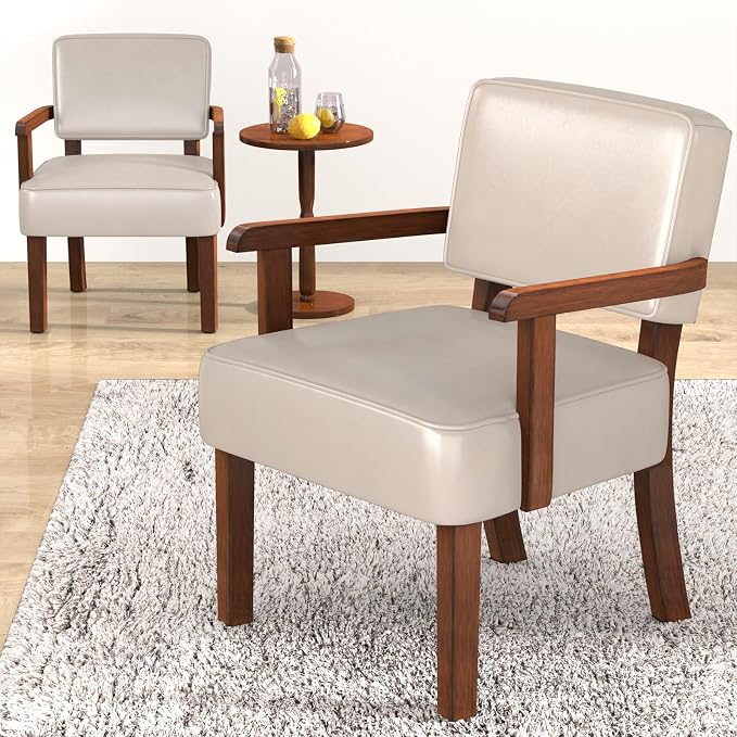 FAGAGA Accent Chairs Set of 2 with Table, PU Leather Chair for Living Room Oversized Armchair with Soft Seat and Armrests for Bedroom Dinning Reading Waiting Room (Leather Beige)