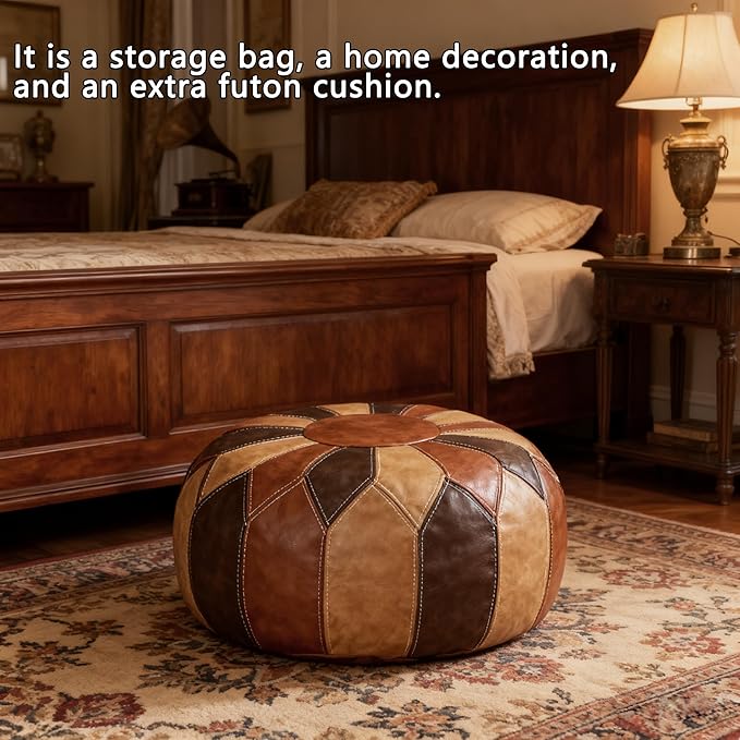 Thgonwid Unstuffed Moroccan Faux Leather Pouf Ottoman Cover with Storage - Boho Chic Multi-Use Footrest for Living Room, Bedroom, Patio - Round Ethnic Floor Cushion & Decorative Accent, Tricolor