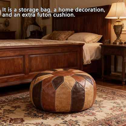 Thgonwid Unstuffed Moroccan Faux Leather Pouf Ottoman Cover with Storage - Boho Chic Multi-Use Footrest for Living Room, Bedroom, Patio - Round Ethnic Floor Cushion & Decorative Accent, Tricolor
