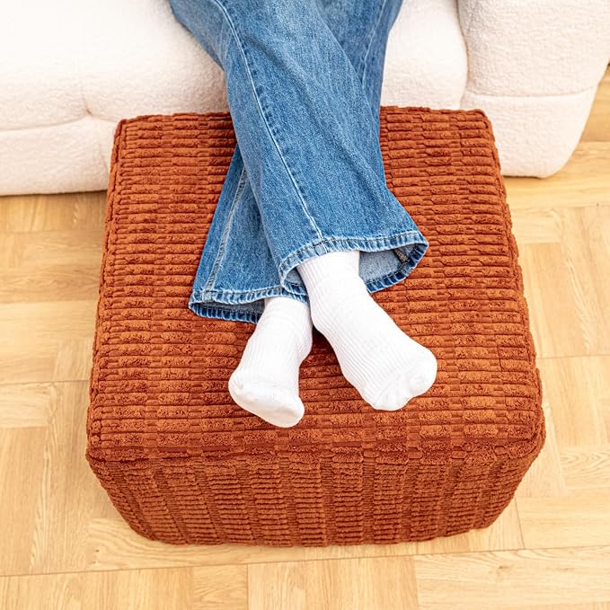 Asuprui Round Square Pouf Ottoman Foot Rest – Lightweight Modern Footstool with Plush Foam Filling, Perfect for Living Room Decor & Cozy Comfort – 20x20x14 Inch Chic Accent Piece (Burnt Orange)
