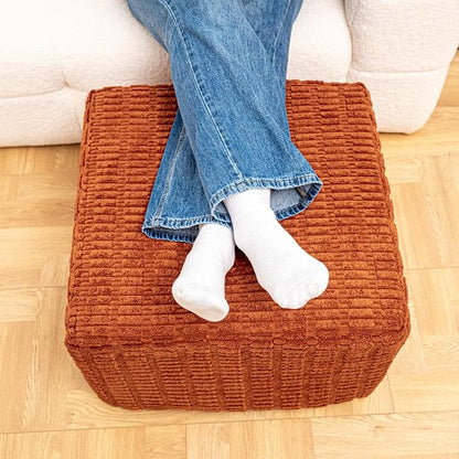 Asuprui Round Square Pouf Ottoman Foot Rest – Lightweight Modern Footstool with Plush Foam Filling, Perfect for Living Room Decor & Cozy Comfort – 20x20x14 Inch Chic Accent Piece (Burnt Orange)
