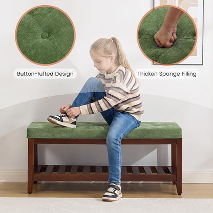 HUBSON 44" Entryway Shoe Bench, Upholstered End of Bed Bench with Solid Wood Shelf, Button Tufted Shoe Bench for Bedroom, Hallway, Living Room, Green