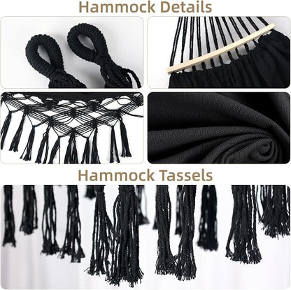 Bellzacasa Double Hammock, Heavy Duty 500 lb Load Capacity Tassels and Fishtail Knitting Portable Camping Hammocks with Mounting Straps for Outdoor Camping Patio Balcony Black
