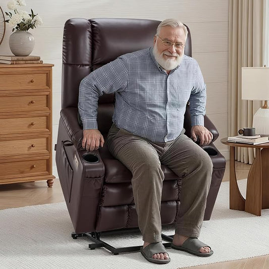 MCombo Dual Motor Power Lift Recliner Chair for Elderly, Lay Flat Lift Chair with Heat and Massage, Oversized Lift Recliner for Big and Tall, Faux Leather R7891 (Dark Brown, Large-Wide)