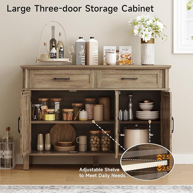 ONBRILL 48 Inch Buffet Cabinet with Storage, Farmhouse Sideboard Buffet w/2 Drawers and 3 Doors, Coffee Bar Cabinet with Adjustable Shelves, Sideboard Storage for Kitchen, Living Room, Washed Grey