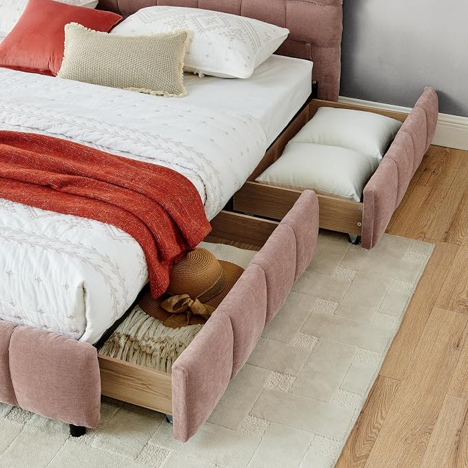 KEIKI King Thick Chenille Bed Frame with 4 Storage Drawer & Upholstered Tufted Headboard, Modern Solid Wood Floor Platform for Bedroom, No Box Spring Needed