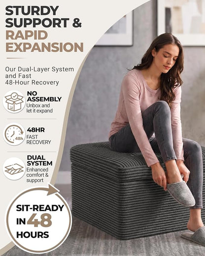 23.6in Pouf Ottoman, Corduroy Ottoman Foot Rest with Dual‑Layer Support, Large Plush Pouf with Soft Chunk‑Foam Top & Firm Foam Base, Floor Foot Stool for Living Room, Dark Grey