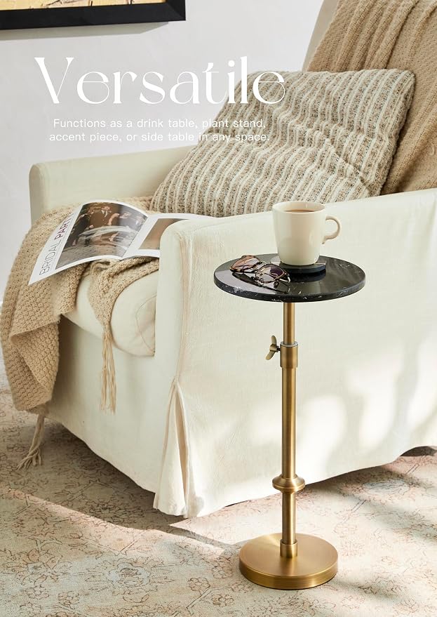 Adjustable-Height Marble Drink Table - 10x10x22-30, Black Marble & Antique Brass, Modern Round End Table, Side Table with Pedestal Stand for Small Spaces, Vintage Metal Martini Cocktail Accent