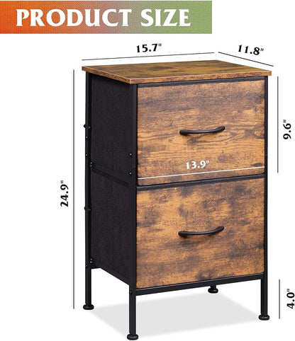 WLIVE Night Stand, Small Dresser with 2 Drawers & Wooden Top, Nightstand with Fabric Bins, Bedside Table End Table for Bedroom, Closet, Entryway, College Dorm, Rustic Brown