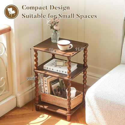 Fultyle Small Side Table, 3-Tier End Table Living Room with Storage, Wood Accent Table Bedside Table for Bedroom, Office and Small Spaces (Walnut Brown)