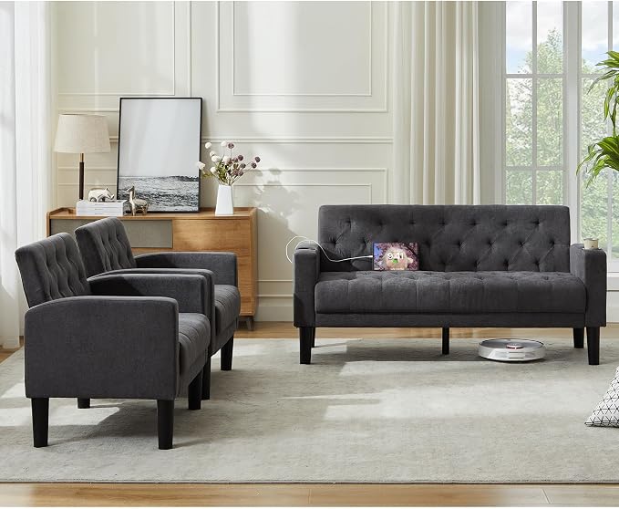 TYBOATLE Mid-Century Modern Tufted Loveseat Sofa Set w/ 2 USB & 2 Cupholders, 3 Piece Living Room Furniture Sets, Small Love Seat Couches for Small Space Apartment Bedroom Office