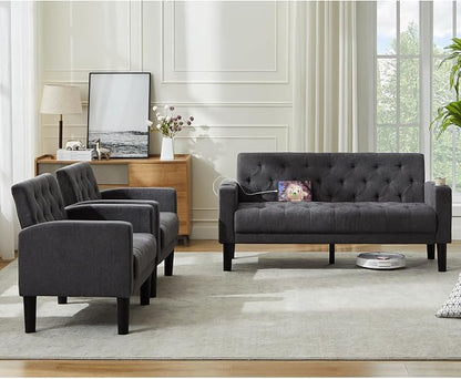 TYBOATLE Mid-Century Modern Tufted Loveseat Sofa Set w/ 2 USB & 2 Cupholders, 3 Piece Living Room Furniture Sets, Small Love Seat Couches for Small Space Apartment Bedroom Office
