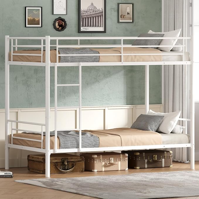 Bunk Bed Twin Over Twin, Metal Bunk Bed with Front Ladder and Safety Guardrail, Space-Saving Twin Bunk Beds for Kids, Teens & Adults, No Box Spring (Front Laddder, White)
