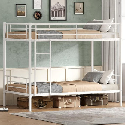 Bunk Bed Twin Over Twin, Metal Bunk Bed with Front Ladder and Safety Guardrail, Space-Saving Twin Bunk Beds for Kids, Teens & Adults, No Box Spring (Front Laddder, White)
