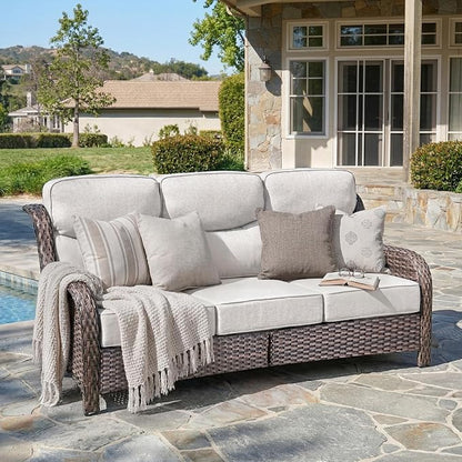 Belord Luxury 6" Thick Cushioned PE Wicker 3-Seater Outdoor Couch, All-Weather Comfortable Modern Patio Sofa, High Back Deep Seat Woven Outdoor Furniture for Porch Balcony, Lawn, Deck - BrownBeige