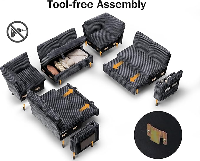 Vipbear 111" Modular Sectional Sleeper Sofa with Pull Out Bed, 8 Seat Plush Corduroy U Shaped Couch with Storage Chaise|USB Ports|Cup Holders|Side Table| Storage Armrests, Tool Free Assembly, Grey