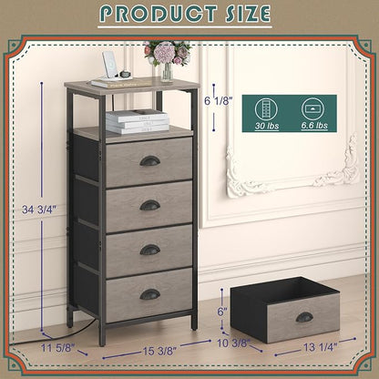 sthmec Nightstand with Charging Station,LED Grey Nightstand with 4 Fabric Drawers, Bedside End Tables, 2-Tier Open Storage Shelf Side Table Nightstand with Drawers for Bedroom,Grey