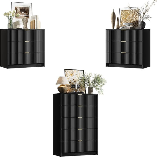 Furniway Black Dresser Bedroom Set 3 Pieces, Nightstands Sets of 2, 5 Drawer Dresser with Gold Handles for Bedroom