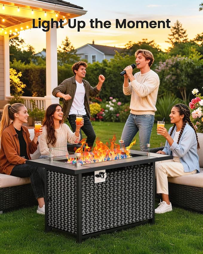 Ciays 43″ Fire Pit Table, Outdoor Propane Fire Pit Table with Premium Ceramic Tabletop, Glass Wind Guard, Lid, Glass Rock, 50,000 BTU CSA-Certified Gas Fire Pits for Outside Patio, Party, Deck