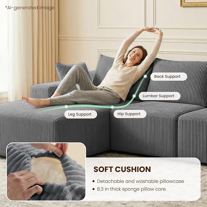 kinmars 108" Boneless Sectional Couch,Corduroy Cloud Couch Sectional for Living Room,Modern U Shaped Modular Sectional Couch,3 Seater Sofa (Dark Gray, 108.9" U Shaped with Ottoman)