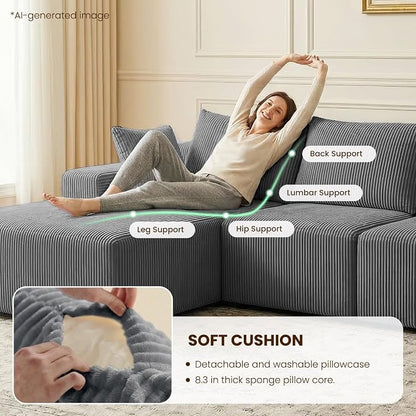 kinmars 108" Boneless Sectional Couch,Corduroy Cloud Couch Sectional for Living Room,Modern U Shaped Modular Sectional Couch,3 Seater Sofa (Dark Gray, 108.9" U Shaped with Ottoman)
