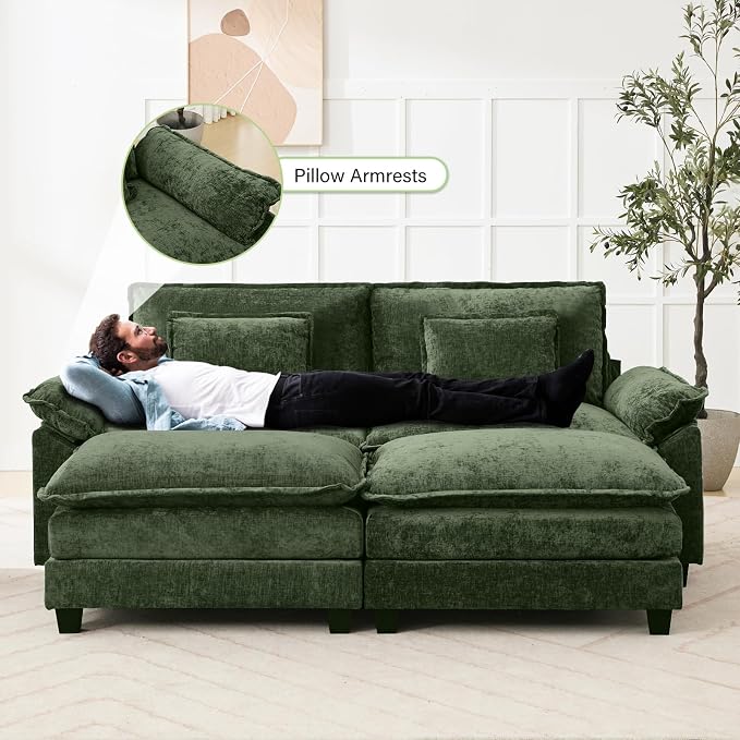 Oprisen 86" Modular Sectional Sofa, Comfy Cloud Couch Sectional Sofa with Ottoman, Chenille Sofa Sleeper Deep Seat Sofa with Throw Pillows for Living Room (Green)