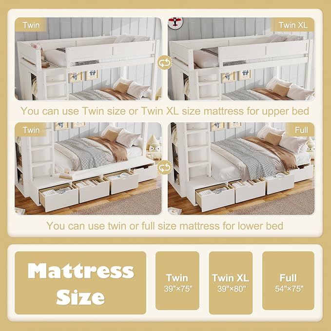 Bellemave Twin Over Twin Bunk Bed with Storage Drawers,Solid Wood Bunk Bed with Built-in Wardrobe,Storage Shelf and Safety Guardrails for Kids Girls Boys,Ivory