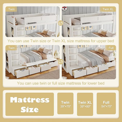 Bellemave Twin Over Twin Bunk Bed with Storage Drawers,Solid Wood Bunk Bed with Built-in Wardrobe,Storage Shelf and Safety Guardrails for Kids Girls Boys,Ivory