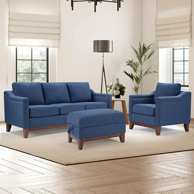 HAOMARKETS Modern 3 Piece Sofa Set with Rivets, Included Fabric Accent Chair, Upholstered 3-Seater Couches with Solid Wood Legs and Storage Ottoman, Living Room Furniture Set,Blue