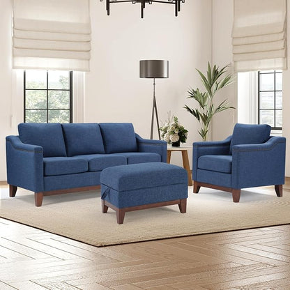 HAOMARKETS Modern 3 Piece Sofa Set with Rivets, Included Fabric Accent Chair, Upholstered 3-Seater Couches with Solid Wood Legs and Storage Ottoman, Living Room Furniture Set,Blue