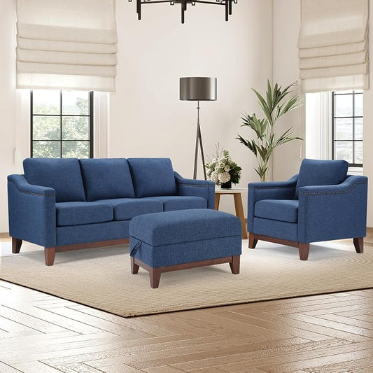 HAOMARKETS Modern 3 Piece Sofa Set with Rivets, Included Fabric Accent Chair, Upholstered 3-Seater Couches with Solid Wood Legs and Storage Ottoman, Living Room Furniture Set,Blue