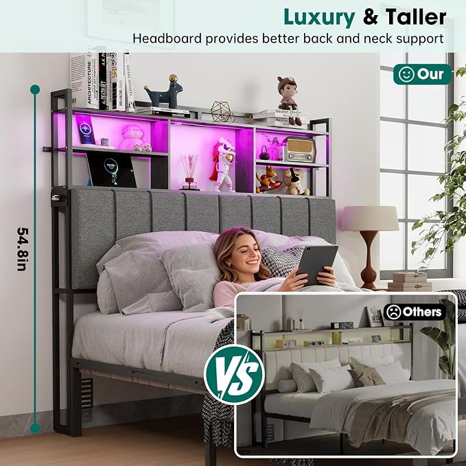 54.8" Tall Headboard Queen Size with 3-Tier Storage Shelves, Linen Upholstered Head Board with USB & Type C Port & LED Light, Soft Backrest for Queen Size Bed,
