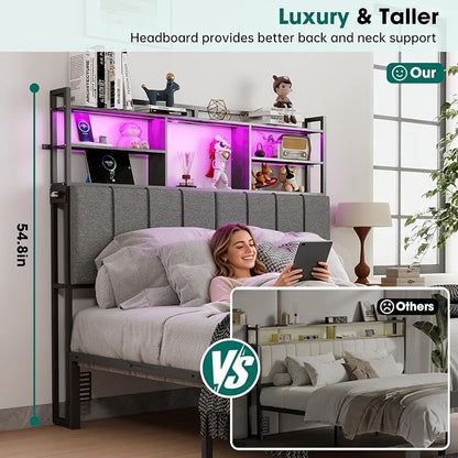 54.8" Tall Headboard Queen Size with 3-Tier Storage Shelves, Linen Upholstered Head Board with USB & Type C Port & LED Light, Soft Backrest for Queen Size Bed,