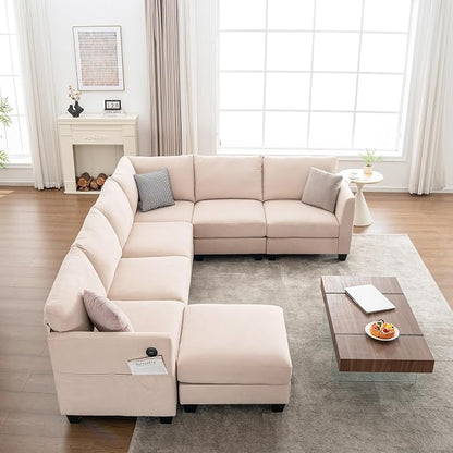 122.8" Large Sectional Couches for Living Room, 6 Seater L Shaped Modular Sectional Sofa with Storage Ottoman & USB, Oversized Corner Couch for Living Room（Beige）