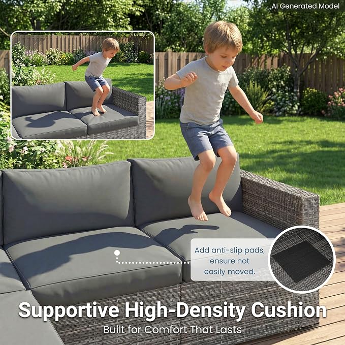 Wisteria Lane Outdoor Patio Furniture Set, All Weather Wicker Rattan Sectional Sofa, Patio Conversation Set with Cushions & Glass Coffee Table for Backyard Porch Garden Balcony, Grey