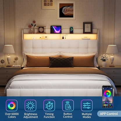 IDEALHOUSE Queen Size Upholstered Bed Frame Fabric with Storage Drawers and LED Lights, Headboard and Frame for Cozy Bedroom Sets Upgrades