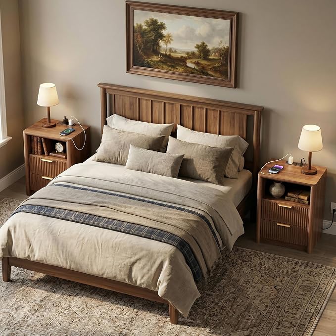 LYNCOHOME 19.7" Fluted Nightstands Set of 2 with Charging Station, 2 Drawer Bedside Table, Modern Night Stand with Curved Edge, Wooden End Table for Bedroom, Rounded Night Stand with Storage, Walnut