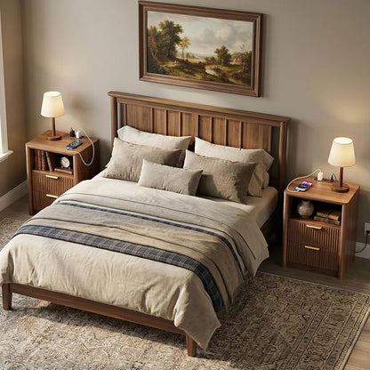 LYNCOHOME 19.7" Fluted Nightstands Set of 2 with Charging Station, 2 Drawer Bedside Table, Modern Night Stand with Curved Edge, Wooden End Table for Bedroom, Rounded Night Stand with Storage, Walnut
