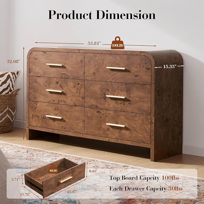 Curved 6 Drawer Dresser for Bedroom, 54'' Wide Chest of Drawers, Farmhouse Storage Cabinet for Hallway & Living Room TV Stand, FSC Certified 1.18" Thick Board, 100 lbs Top Weight, Dark Burl