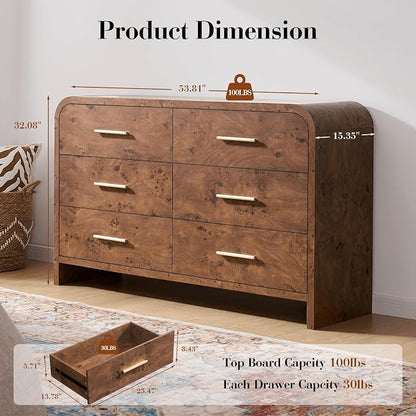 Curved 6 Drawer Dresser for Bedroom, 54'' Wide Chest of Drawers, Farmhouse Storage Cabinet for Hallway & Living Room TV Stand, FSC Certified 1.18" Thick Board, 100 lbs Top Weight, Dark Burl