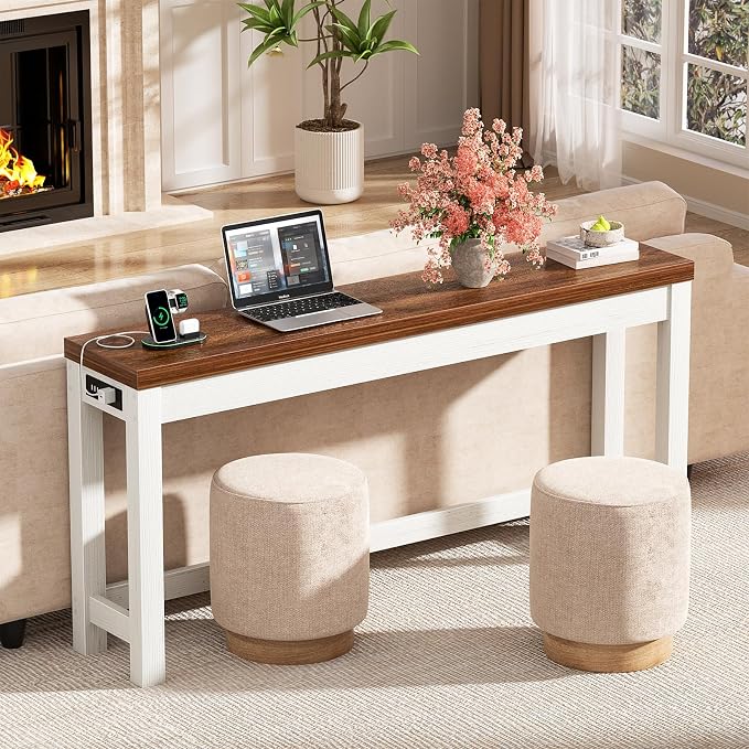 Cyclysio 63" Console Table with Charging Station, 13.8" Deep Farmhouse Sofa Table Behind Couch with 2 AC Outlets & 3 USB Ports, Long Entryway TV Console or Home Office Desk, Rustic Oak