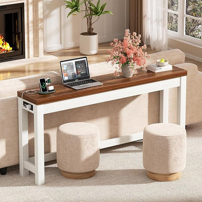 Cyclysio 63" Console Table with Charging Station, 13.8" Deep Farmhouse Sofa Table Behind Couch with 2 AC Outlets & 3 USB Ports, Long Entryway TV Console or Home Office Desk, Rustic Oak